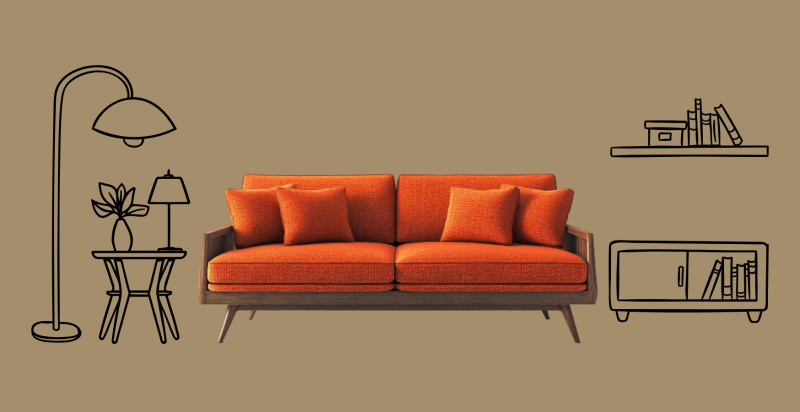 Een afbeelding van een oranje bank met daar omheen illustraties van diverse meubels