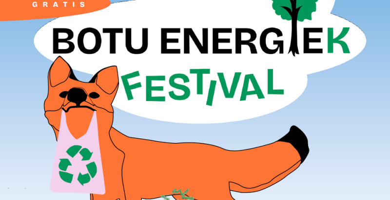 Botu energiek festival. Vos houd een circulaire tas vast in de bek.