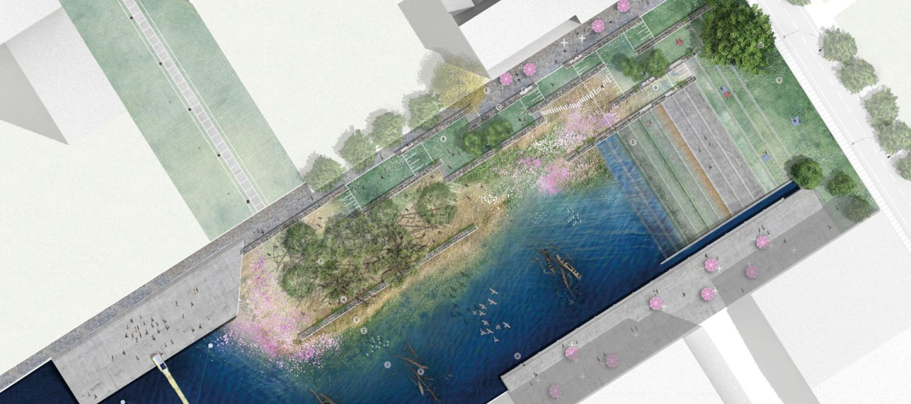 Ontwerptekening De Urbanisten met bovenaanzicht van het Getijdenpark aan de Keilewerf