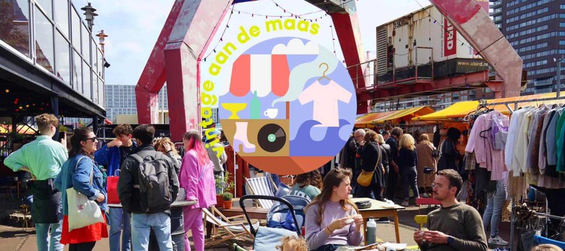 Vintagemarkt met de woorden Vintage aan de Maas ervoor