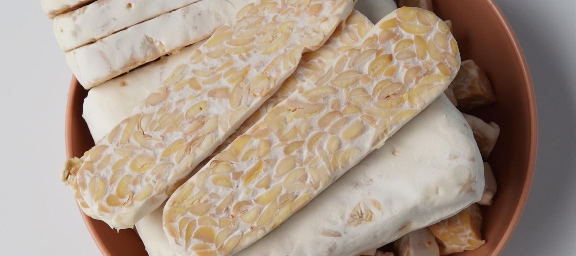 Een bord met zelfgemaakte tempeh.