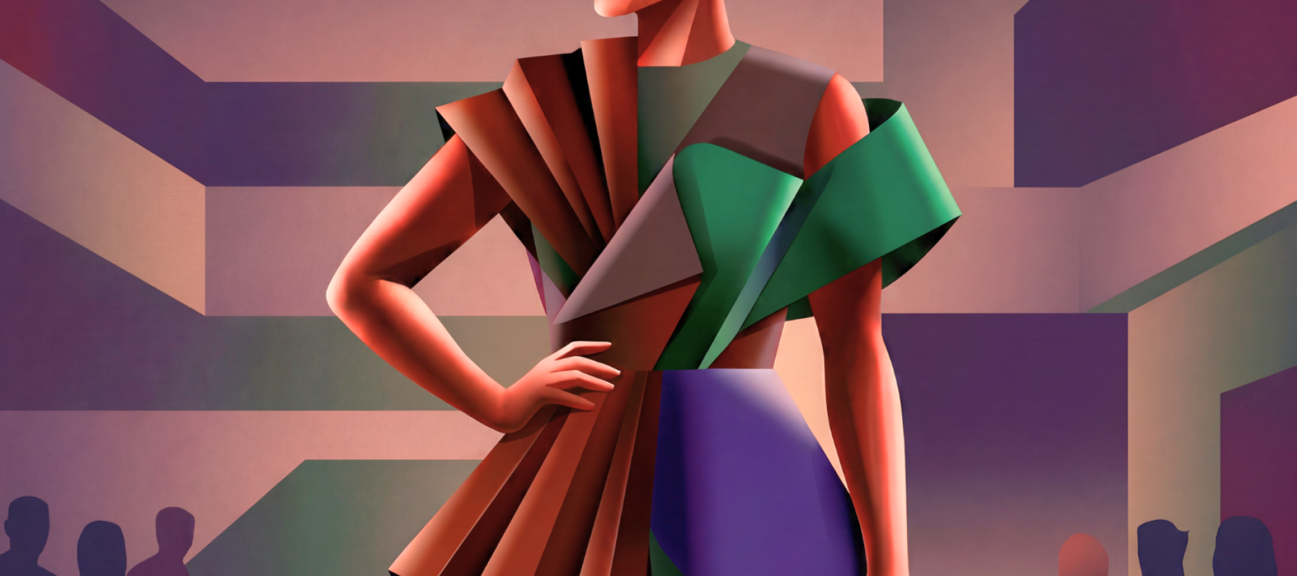 Illustratie van een model op een catwalk in een geometrische, kleurrijke outfit, met silhouetten van publiek op de achtergrond.