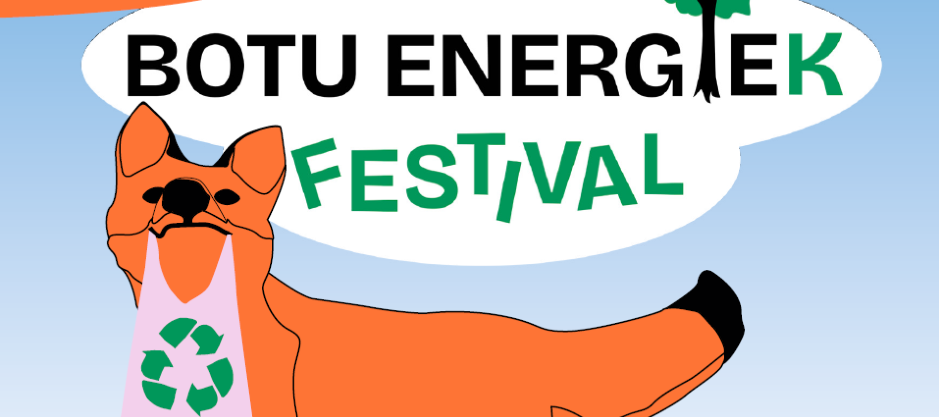 Botu energiek festival. Vos houd een circulaire tas vast in de bek.